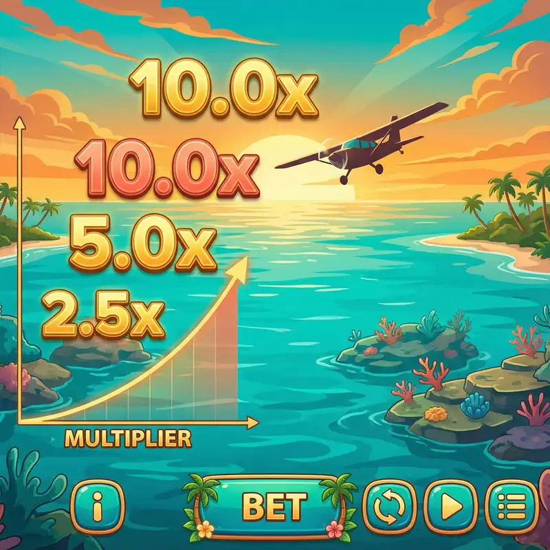Juego Aviator con avión volando sobre isla tropical de Cozumel
